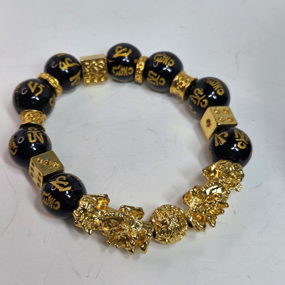 black obsidian budda power feng shui double pixiu wealth stretch bracelet 7in